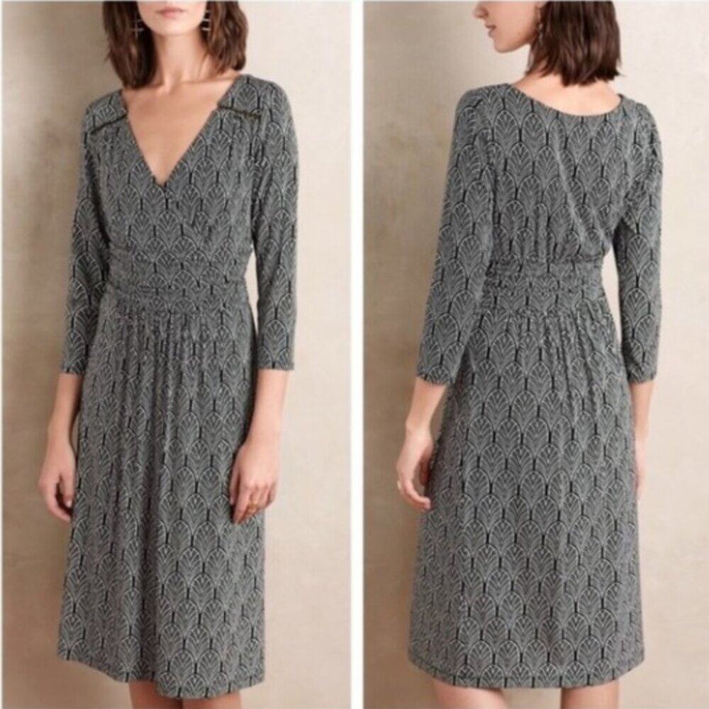 Maeve Anthropologie Galena Black White Midi Dress Faux Wrap 3/4 Sleeve XS Office